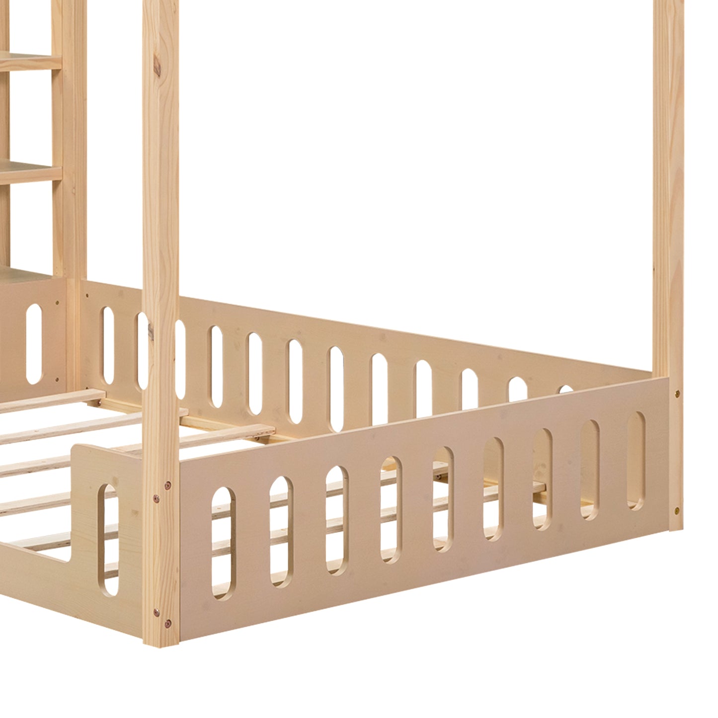 Full Size Wood House Bed with Fence and Detachable Storage Shelves, Natural (Expected Arrival Time: 1.7)