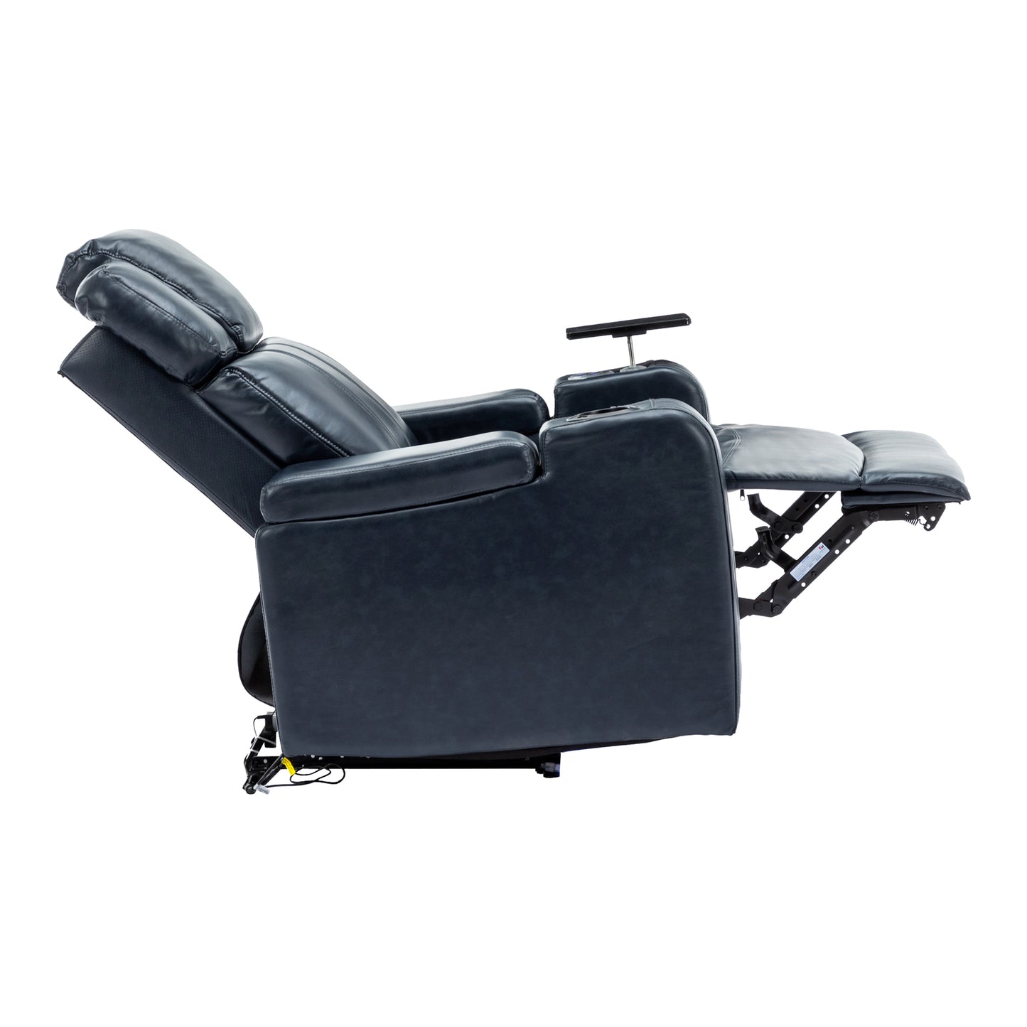 Blue Leather Power Recliner with Cooling Cup Holder, Bluetooth Speaker, and 360° Swivel Tray Table