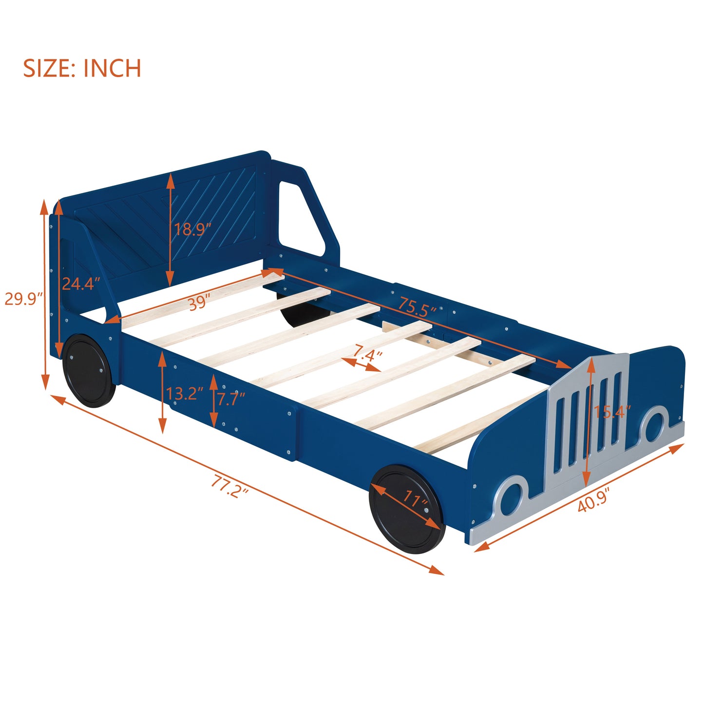 Twin Size Car-Shaped Platform Bed with Wheels,Blue