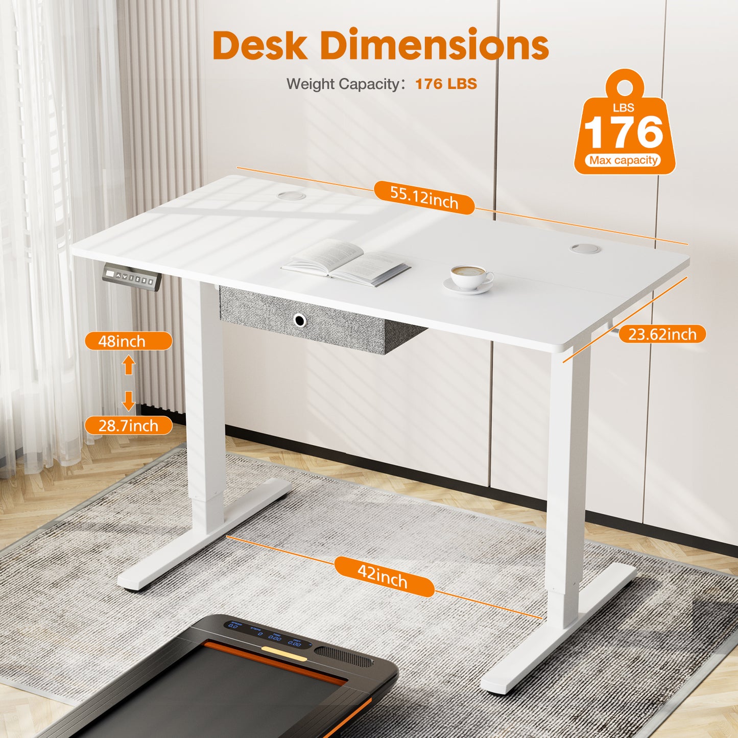 Height-Adjustable Electric Standing Desk with Drawer and Memory Presets, 55 x 24 Inches White