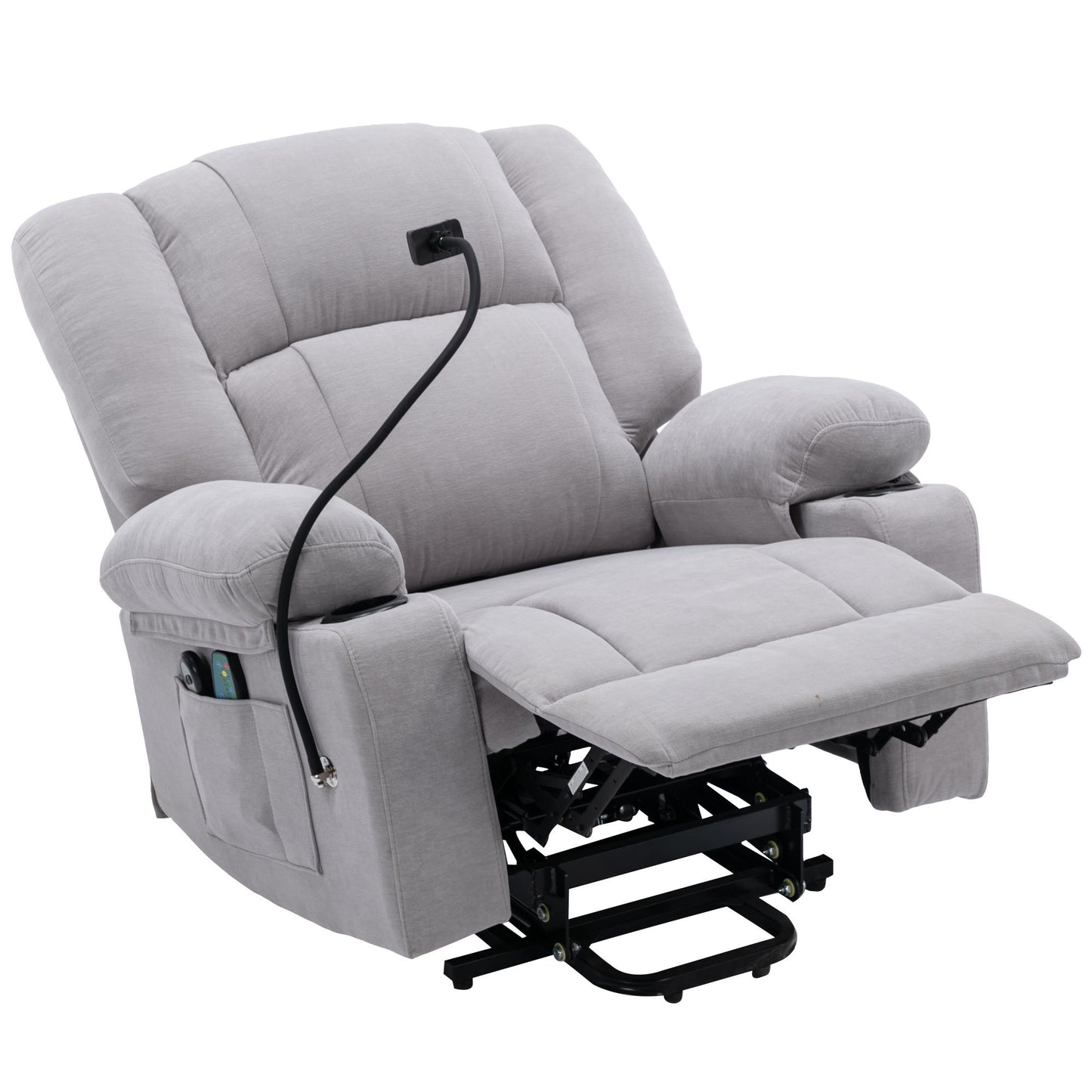 Grey Electric Power Lift Recliner Chair with Massage, Heat, Storage, and Swivel Phone Holder