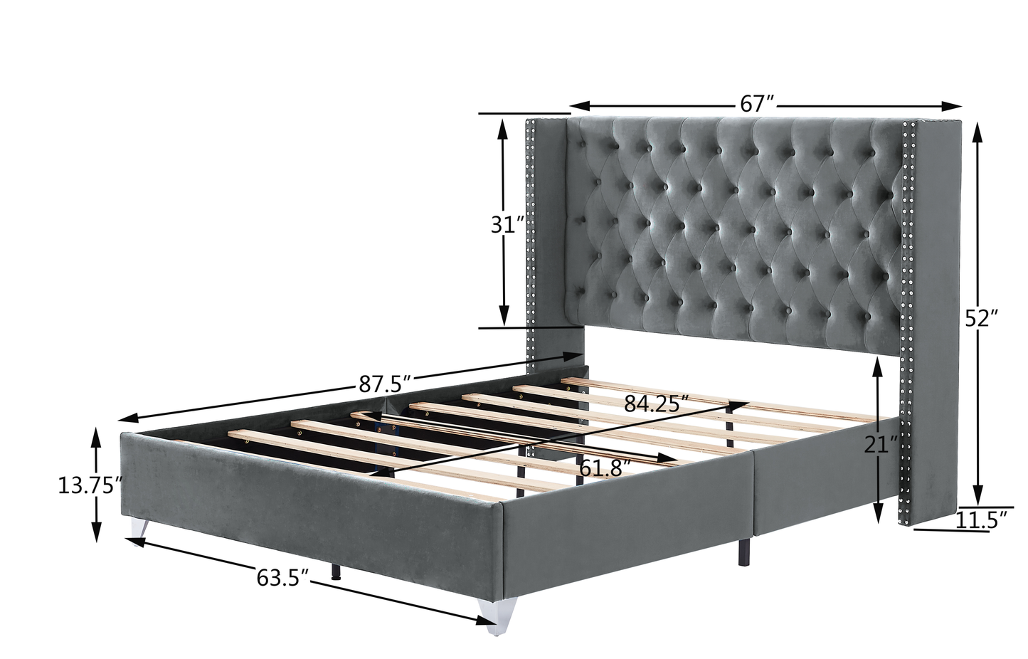 B100S Queen bed with one nightstand, Button designed Headboard,strong wooden slats + metal legs with Electroplate