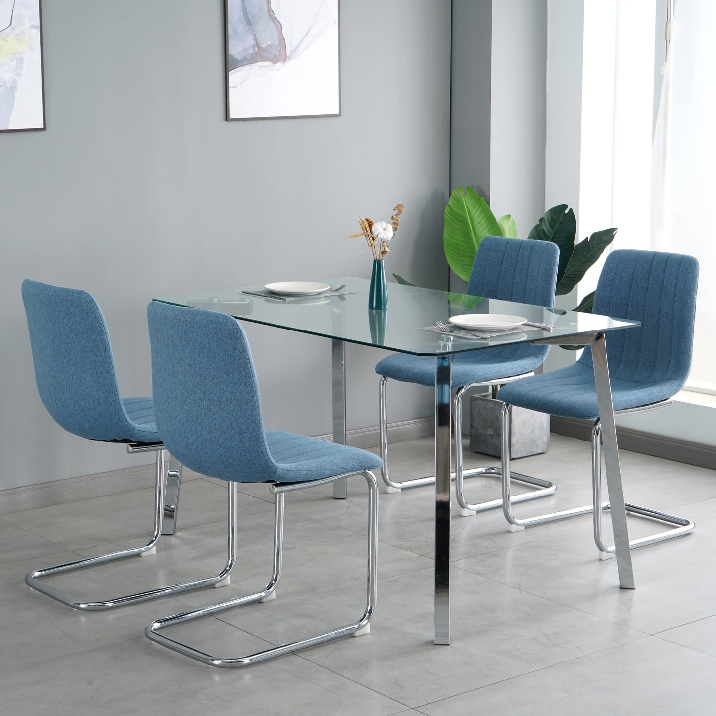 Dining furniture 51.1" Table with four chairs,0.3" Clear tempered glass with chrome metal legs,fabric chair with chrome metal legs.