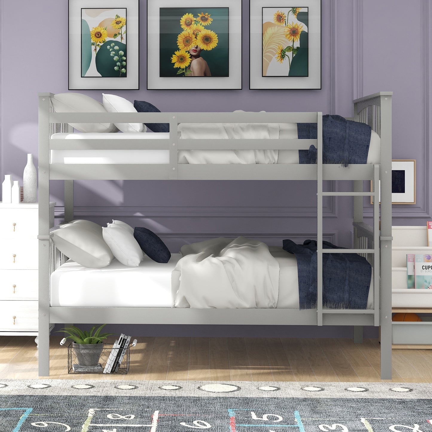 Gray Full-Size Bunk Bed with Flexible Configuration for Bedroom, Accommodating Guests