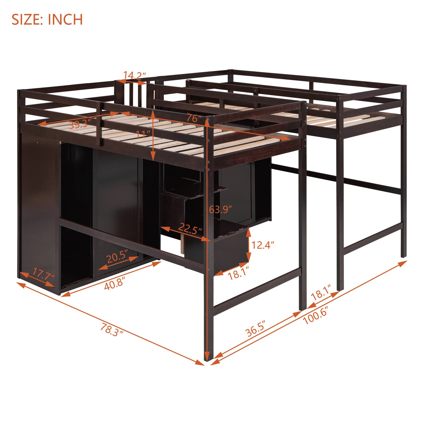 Double Twin Loft Beds with Wardrobes and Staircase, Espresso