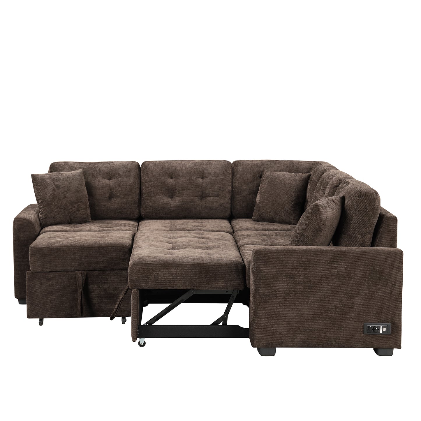 Convertible L-Shape Sleeper Sofa with USB Ports and Power Sockets, Brown