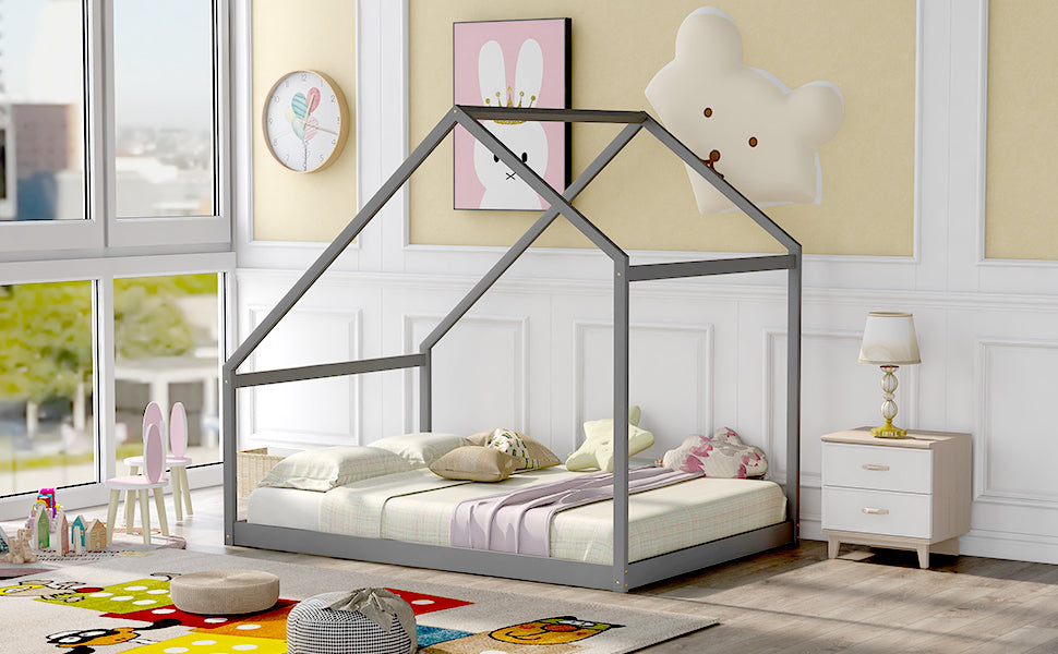 Full Size Wooden House Bed, Gray