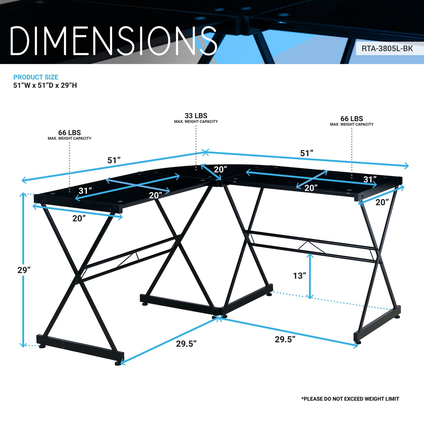 Sleek Black L-Shaped Glass Desk with Cross Frame Design