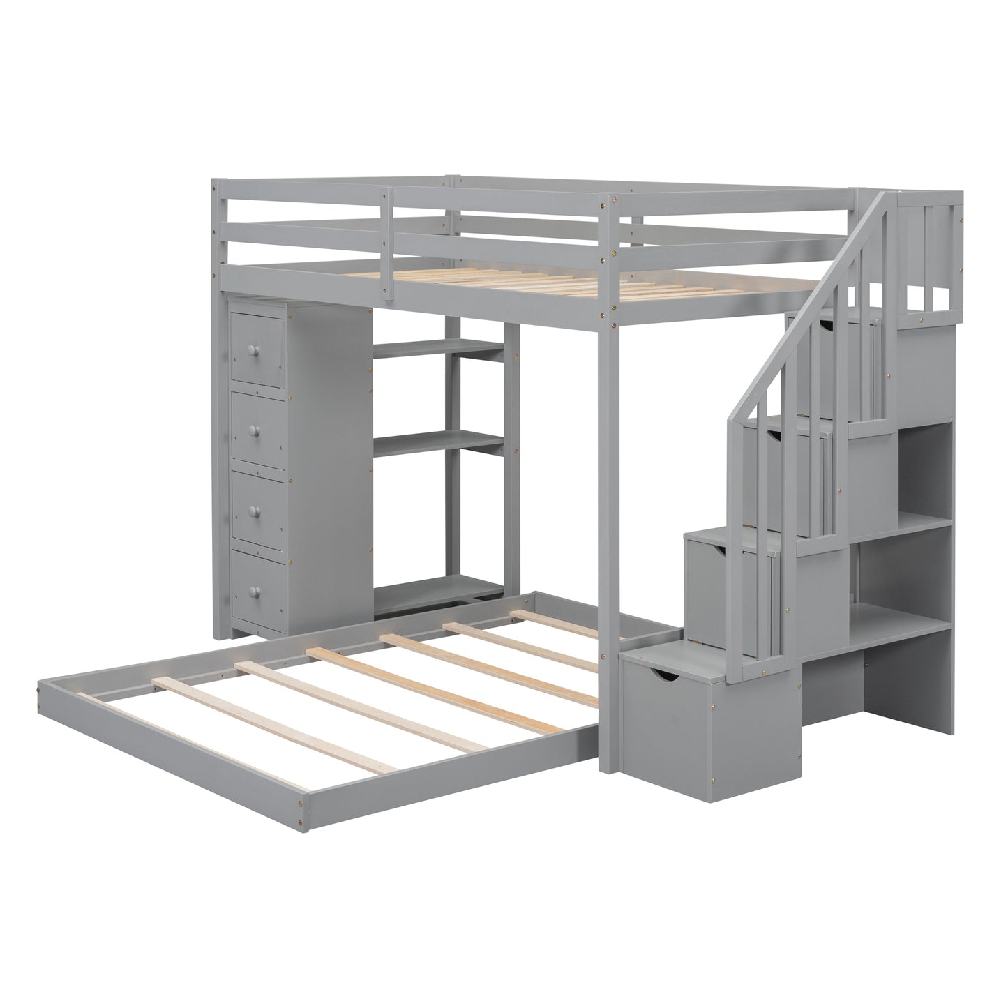 Space-Saving Gray Bunk Bed with Storage Stairs and Versatile Features