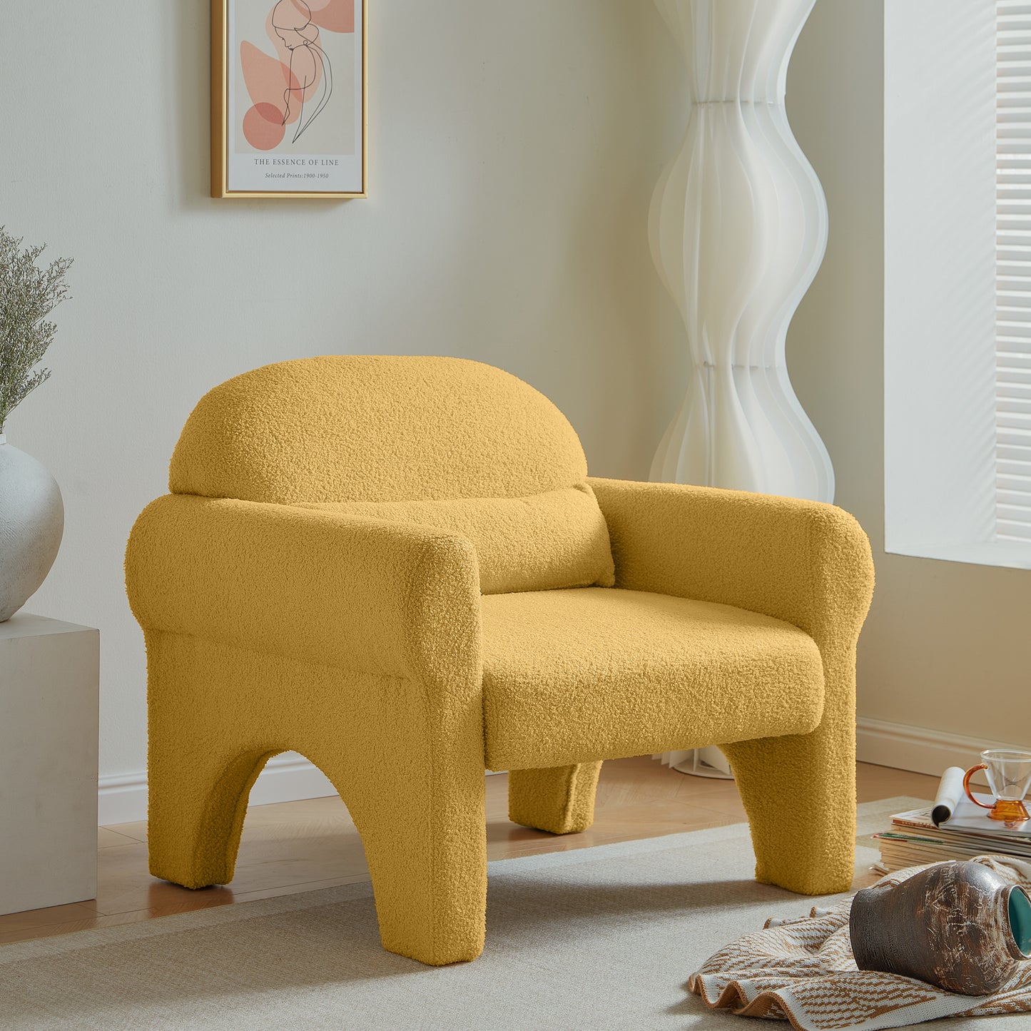 Modern teddy fabric accent chair with lumbar pillow for living room