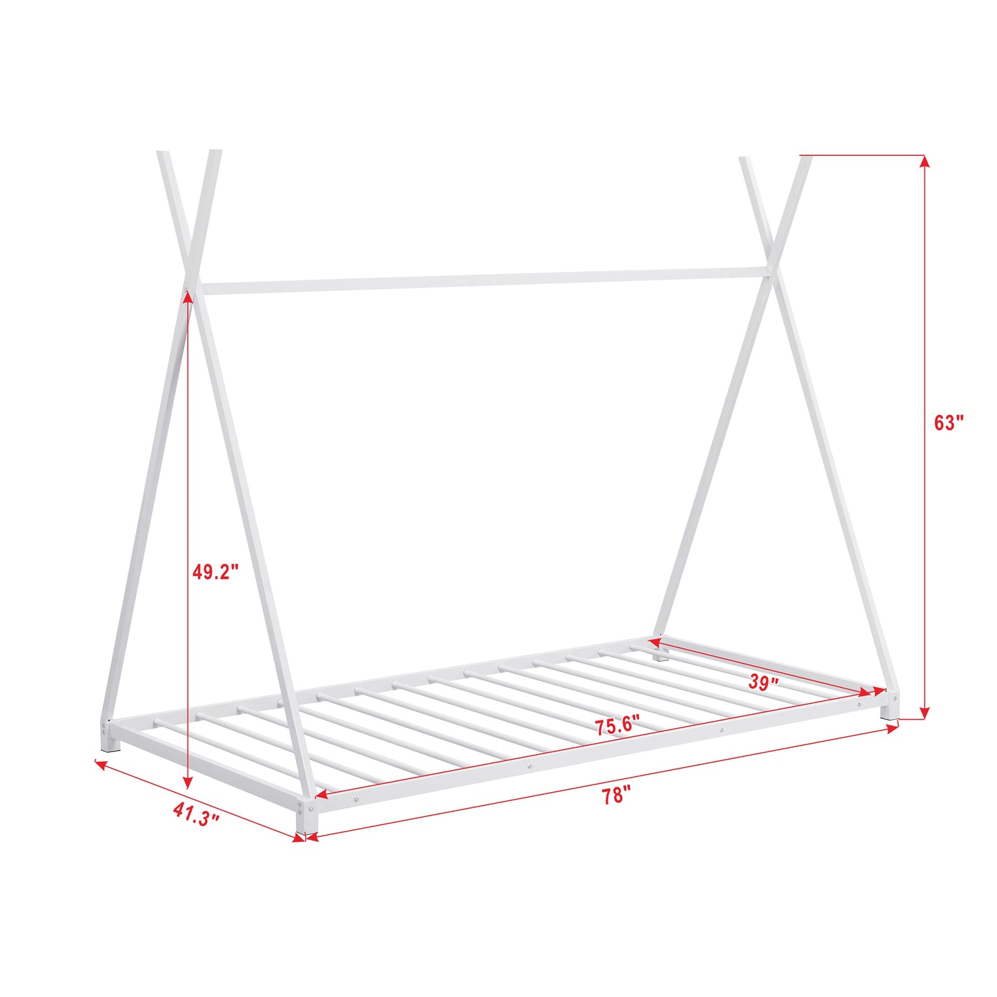 Metal Twin Size House Platform Bed with Triangle Structure, White