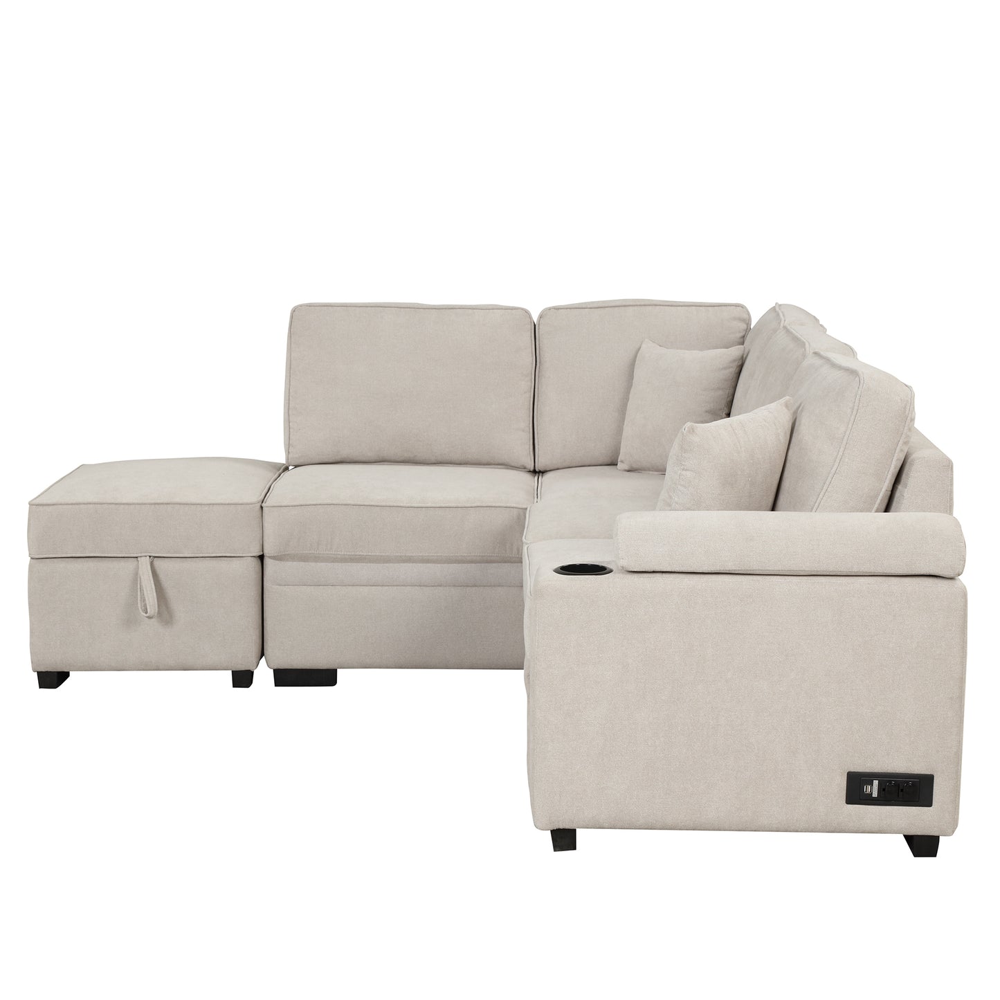 87.4 Beige L-Shape Sleeper Sofa Bed with Storage Ottoman