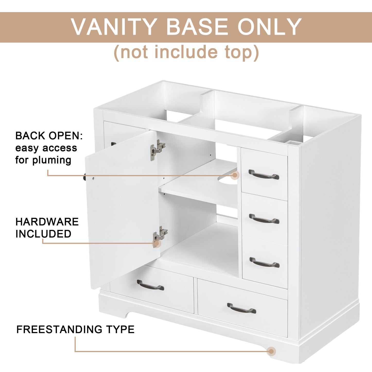 36" Bathroom Vanity without Sink, Cabinet Base Only, Six Drawers, Multi-Functional Drawer Divider, Adjustable Shelf, White