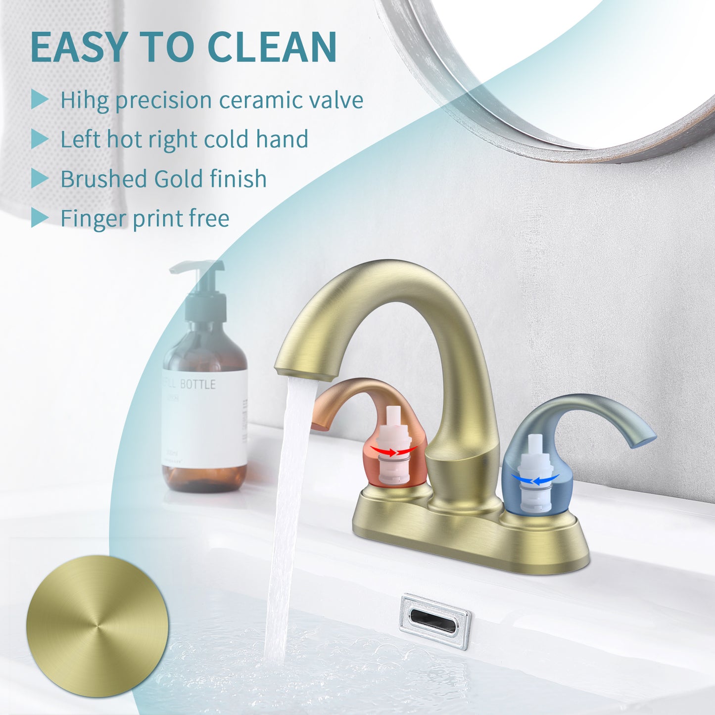 Bathroom Sink Faucet 2-Handle Brushed Gold with Aerator, Swan Style 4-inch Centerset Vanity Sink with Pop-Up Drain and Supply Hoses, FR4075-BG