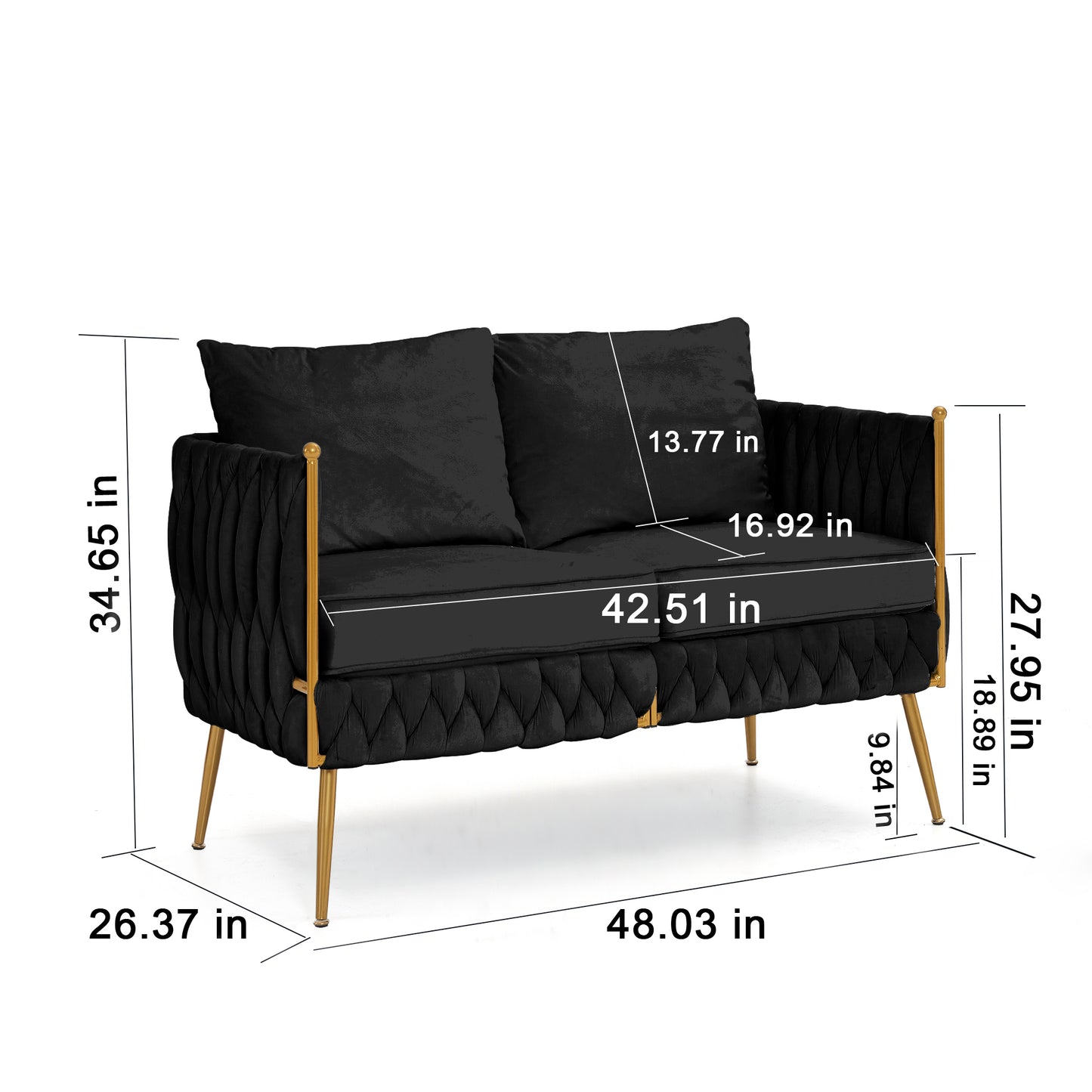 Modern 3-Piece Velvet Upholstered Handmade Woven Back Sofa Sets with Sturdy Metal Legs, Including Three Seat Couch Loveseat, and Single Chair for Living Room, Black Velvet