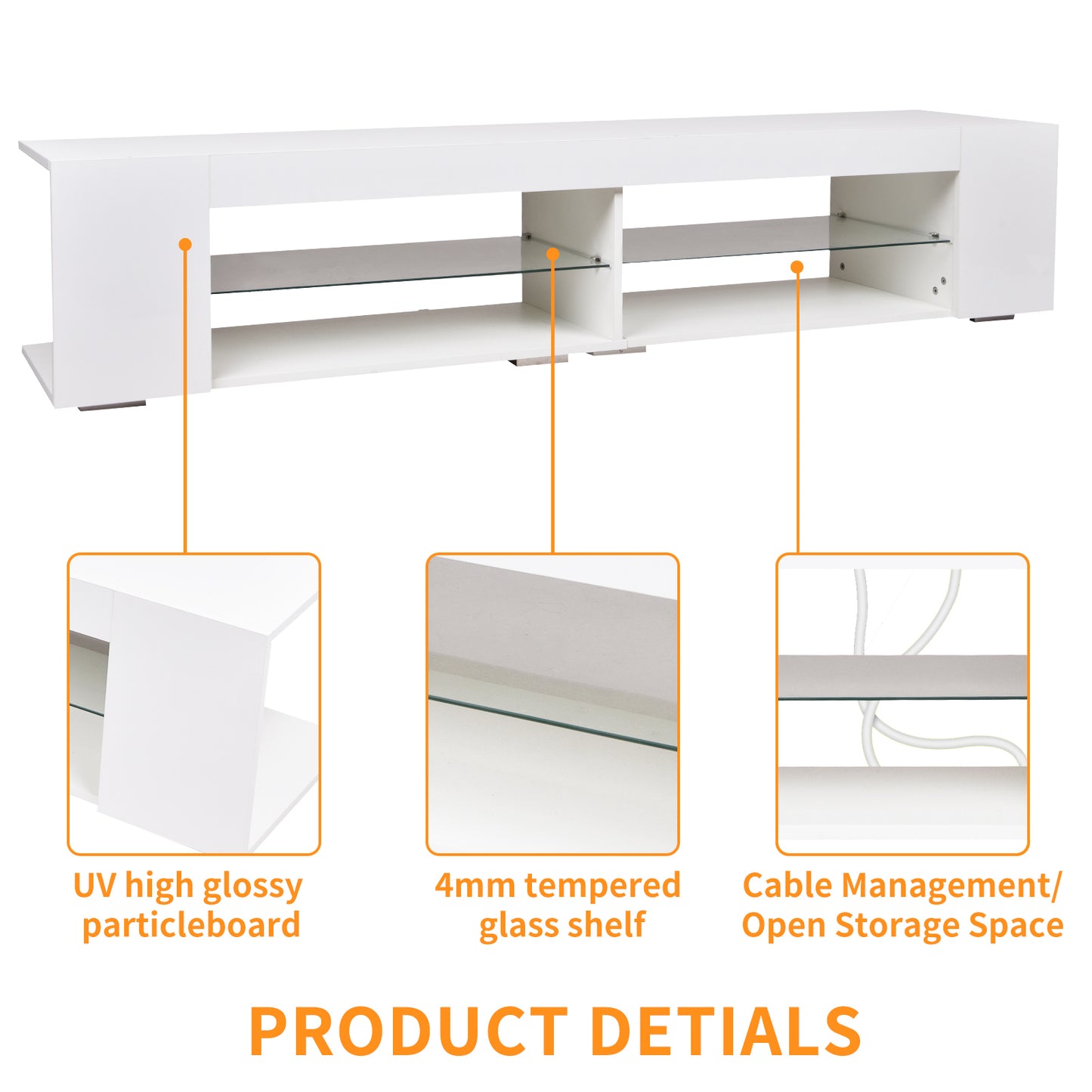 Modern LED TV Stand with RGB Remote Control and Tempered Glass Shelf