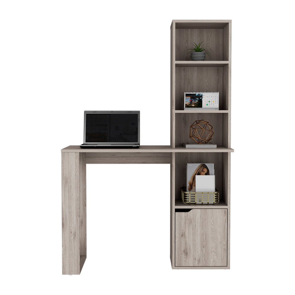 Gray Computer Desk with Bookcase, Single Door Cabinet, and 4-Tier Shelf