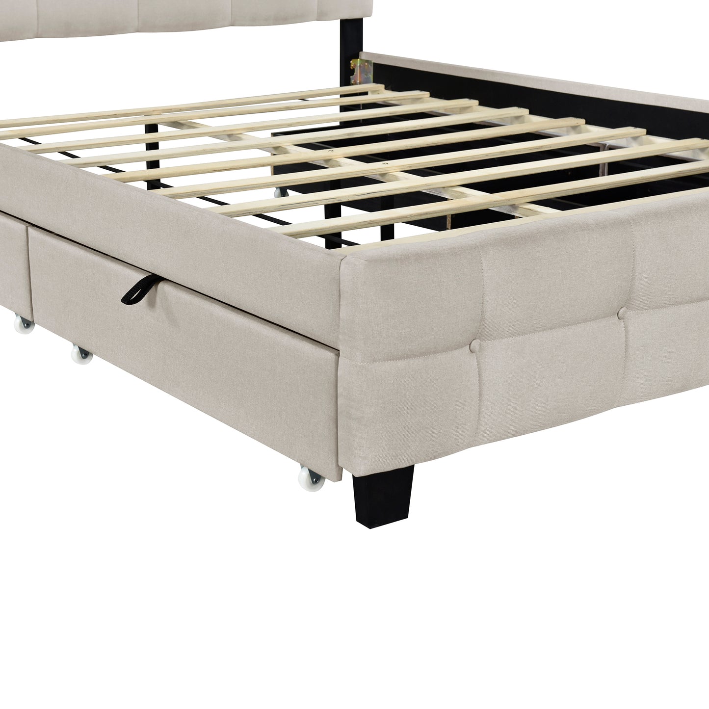 Queen Size Upholstered Platform Bed with LED Frame and 4 Drawers, Linen Fabric, Beige