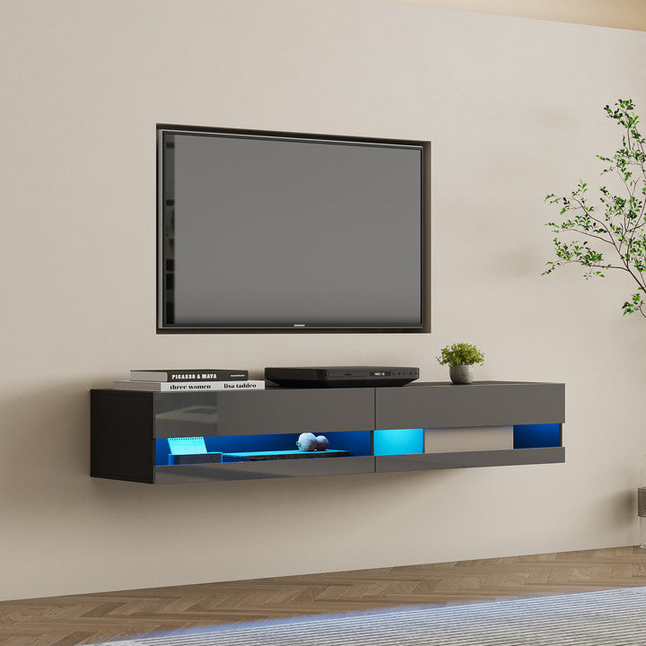 Wall Mounted 80 TV Stand with Integrated 20-Color LEDs, Black and Grey