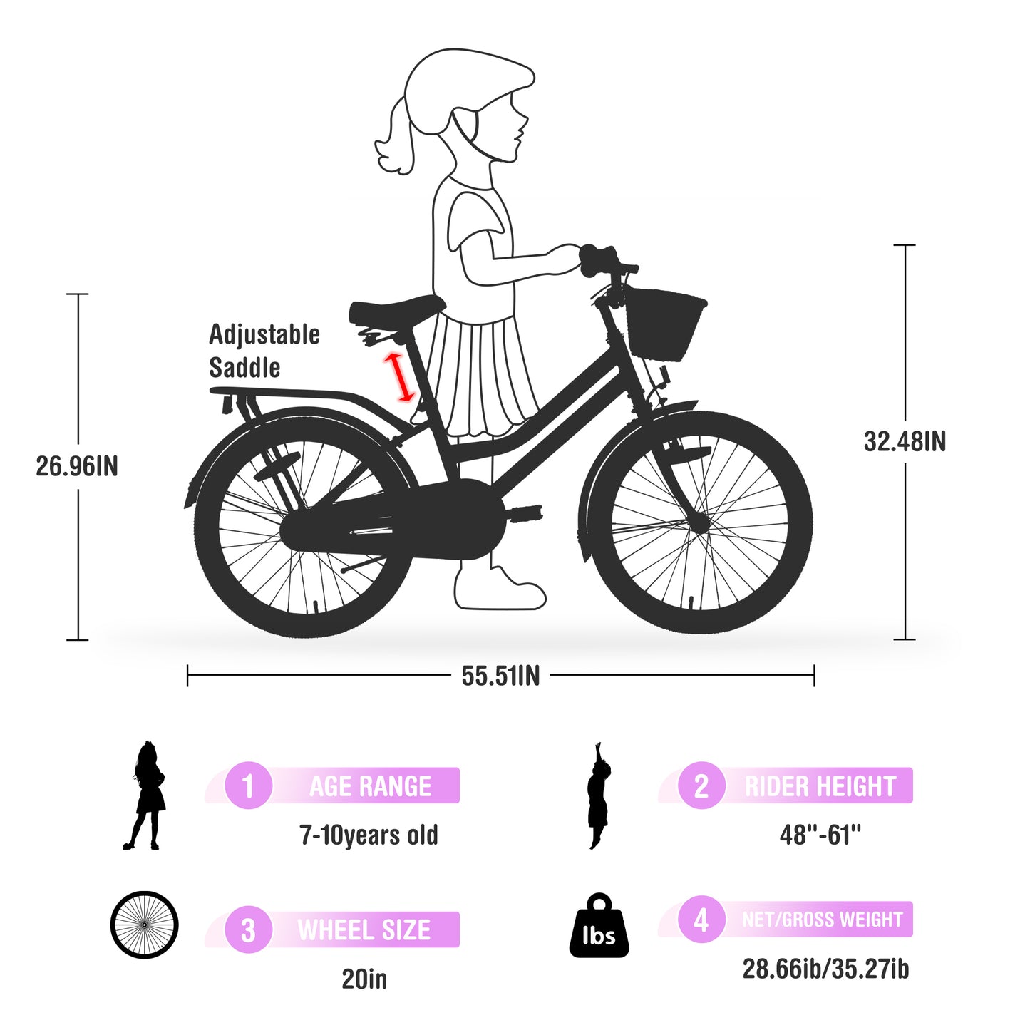 Multiple Colors,Girls Bike with Basket for 7-10 Years Old Kids,20 inch wheel ,No Training Wheels Included