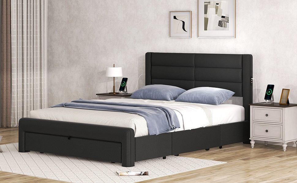 Queen Size Bed Frame with Drawers Storage, Leather Upholstered Platform Bed with Charging Station, Black