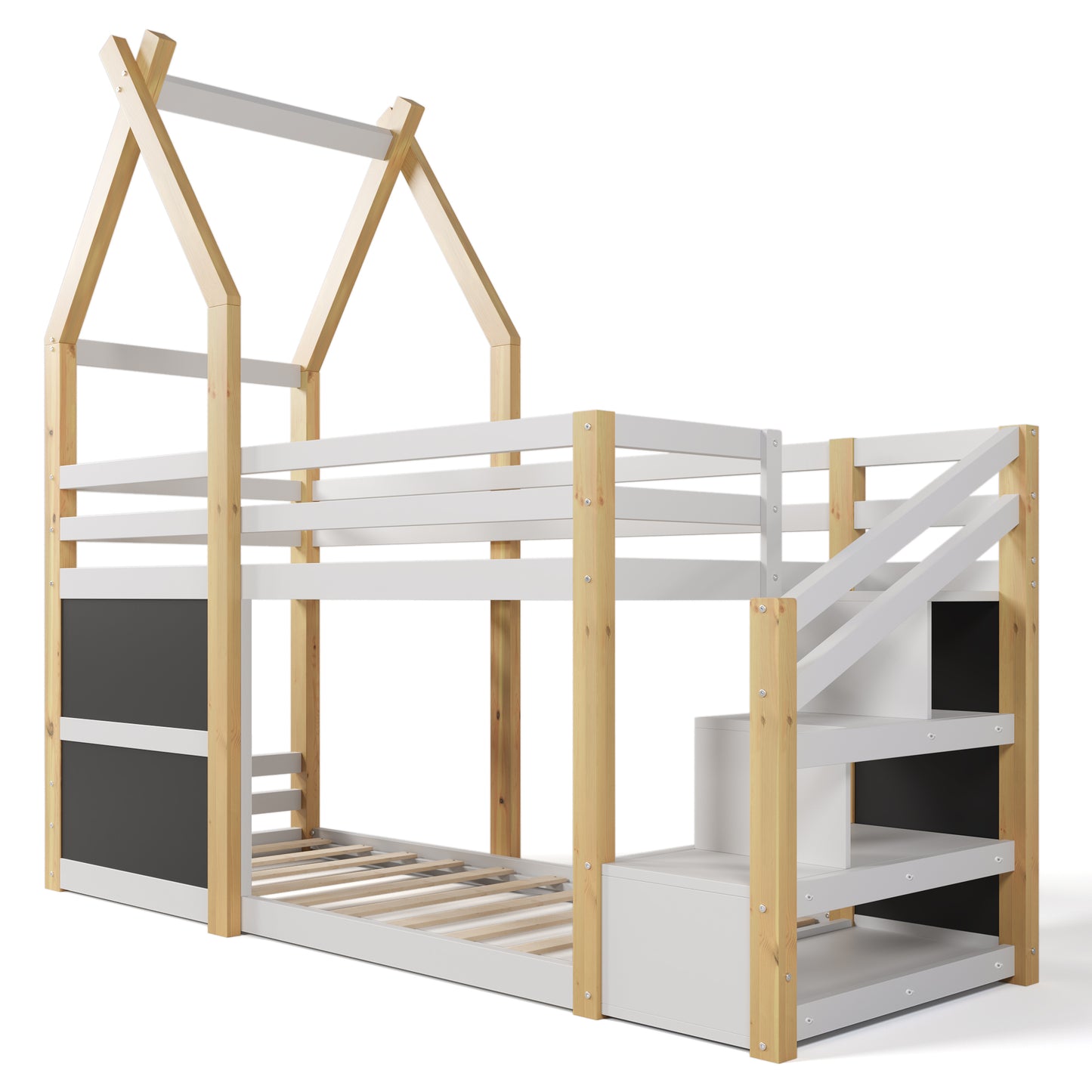 Treehouse Bunk Bed with Storage Staircase and Blackboards