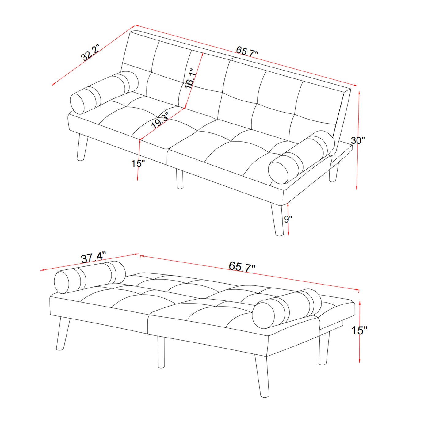 Convertible Sofa Bed Futon with Solid Wood Legs Linen Fabric Ivory