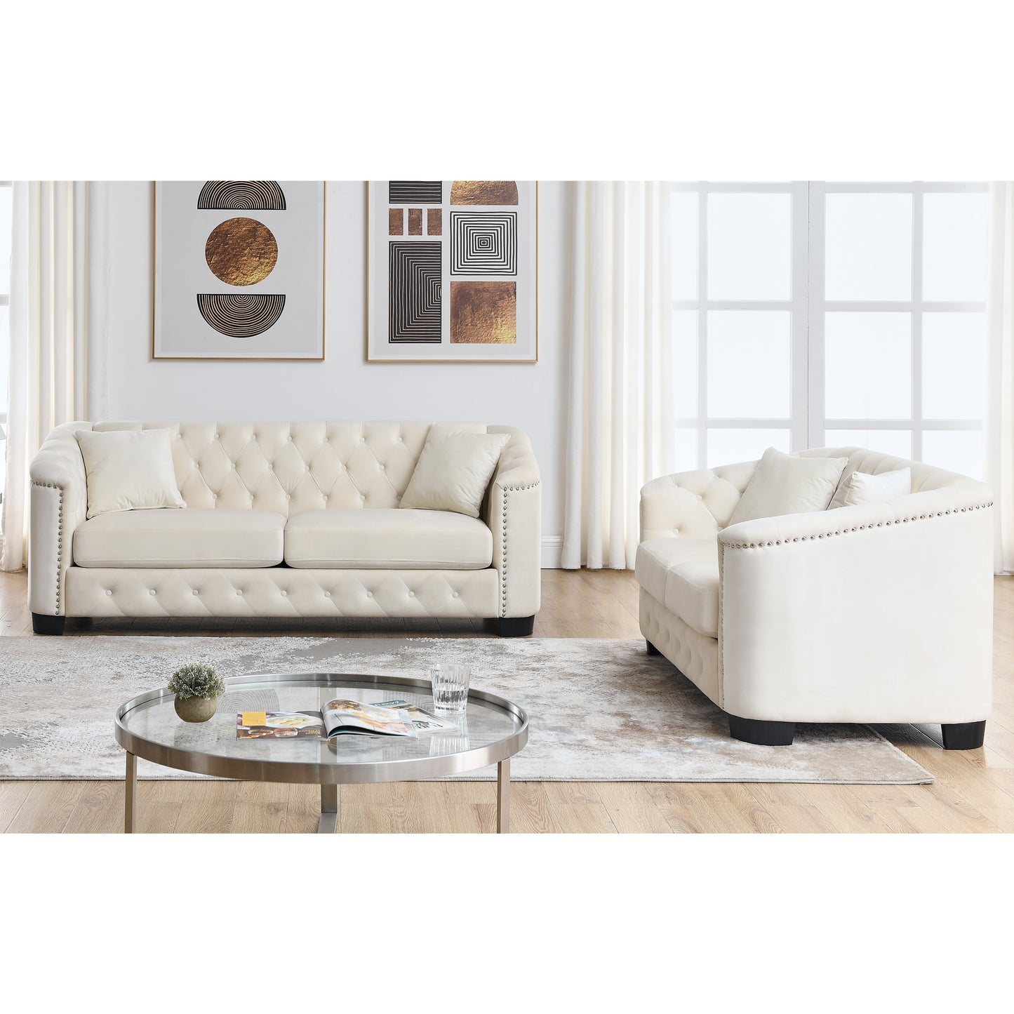 Luxurious Velvet Beige 3-Seater and 2-Seater Combination Sofa