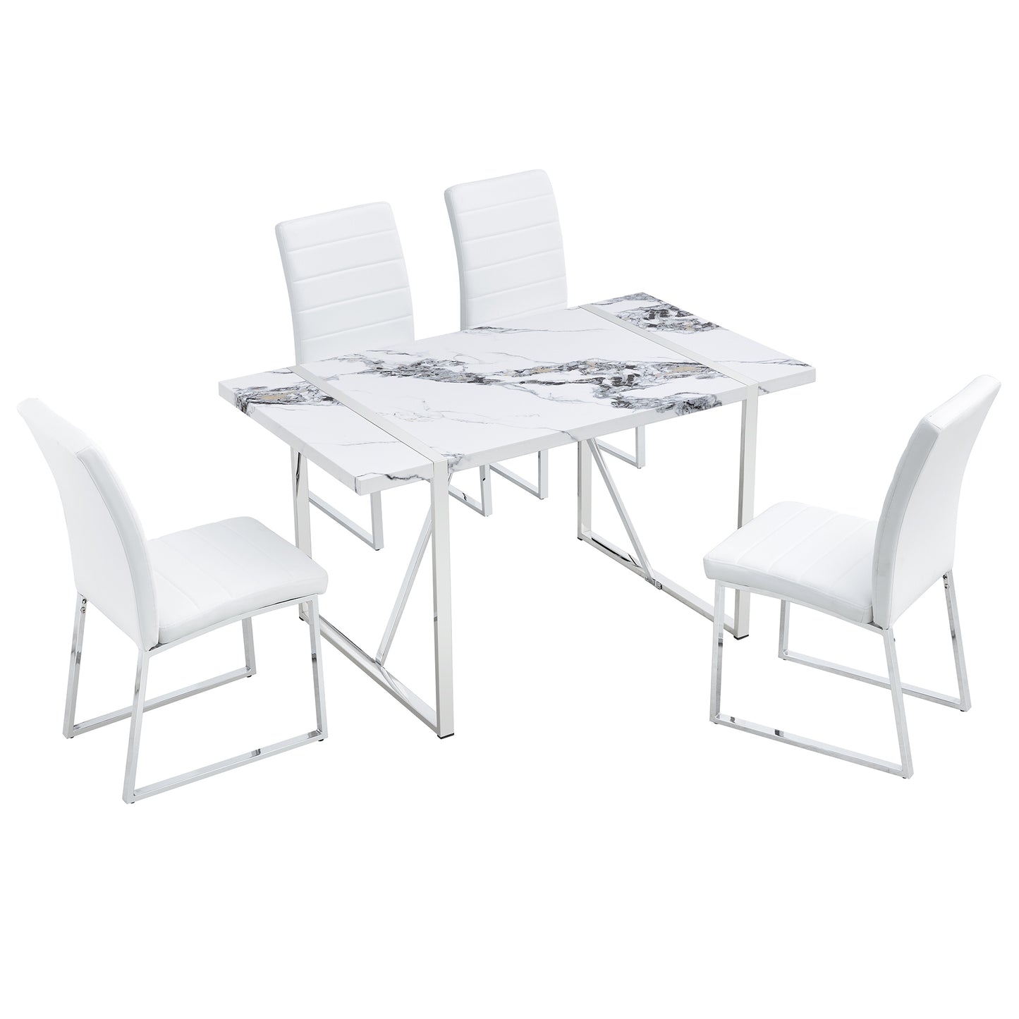 5-piece Dining Table Chairs Set, Rectangular Dining Room Table Set for 4, Faux Marble Modern Dining Table and Faux Leather Chairs for Kitchen Dining Room, White