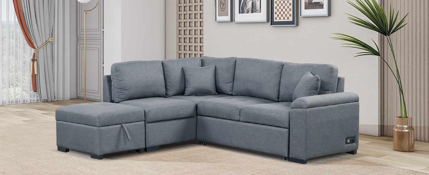 L-Shaped Sleeper Sectional Sofa with Ottoman and USB Charge, Dark Gray