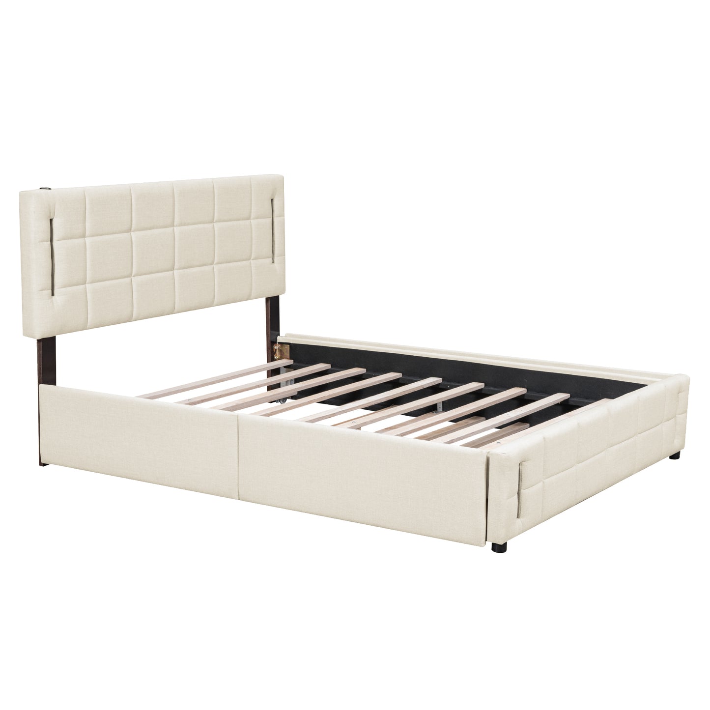 Queen Size Upholstered Platform Bed with Trundle and Drawers, Beige