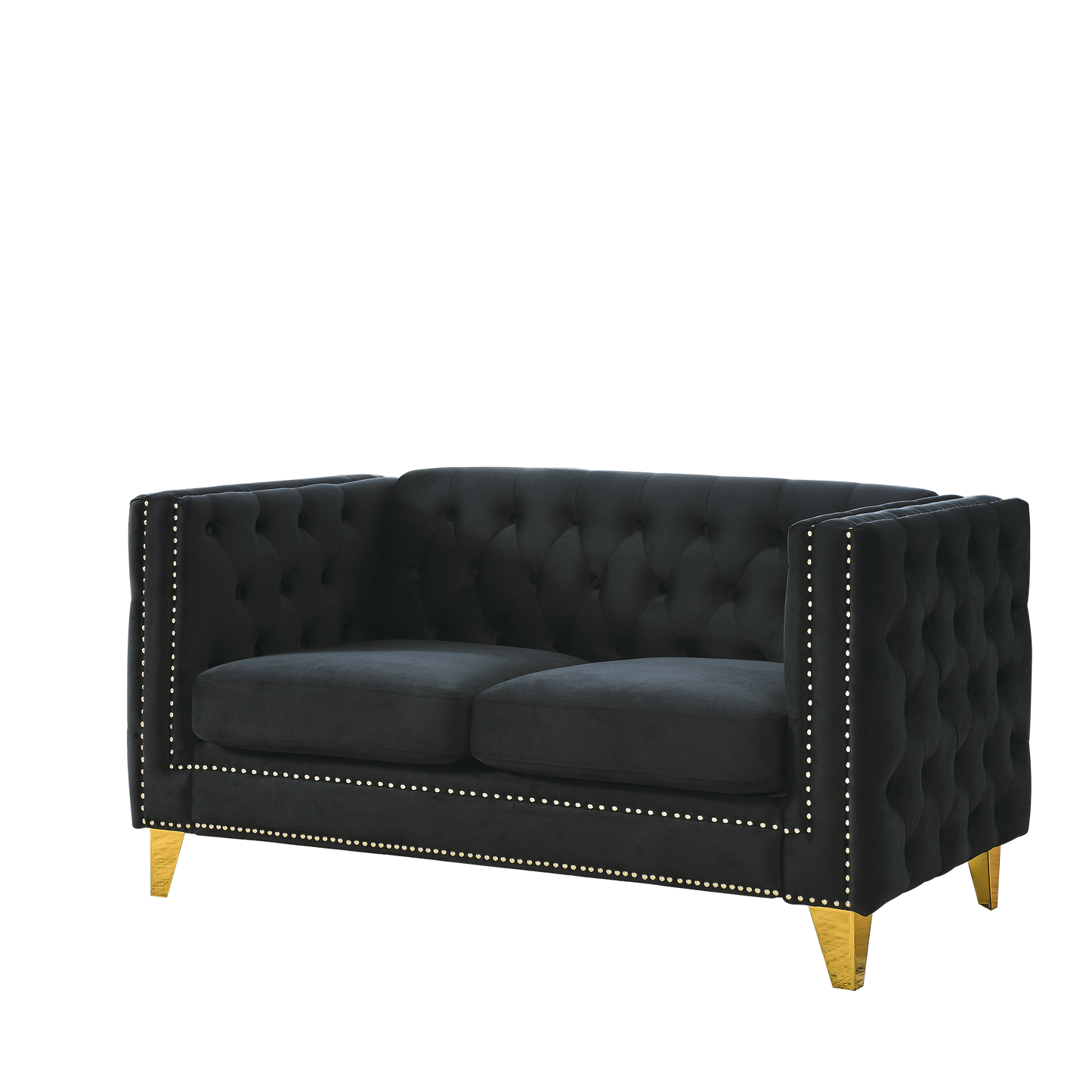 Velvet Sofa for Living Room,Buttons Tufted Square Arm Couch, Modern Couch Upholstered Button and Metal Legs, Sofa Couch for Bedroom, Black Velvet-2S