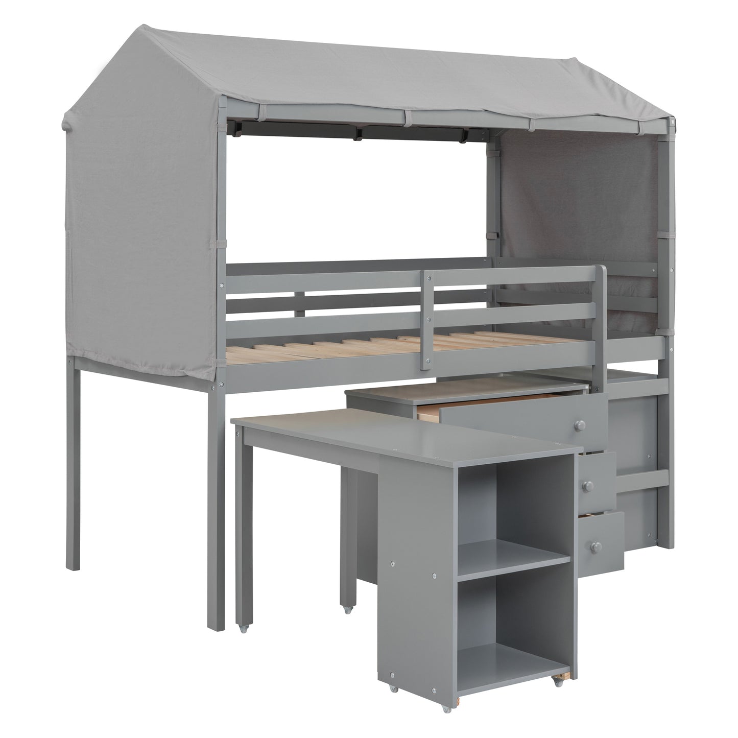 Twin Size Loft Bed with Rolling Cabinet, Shelf and Tent - Gray