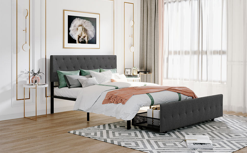 Queen Size Storage Bed Metal Platform Bed with a Big Drawer - Gray