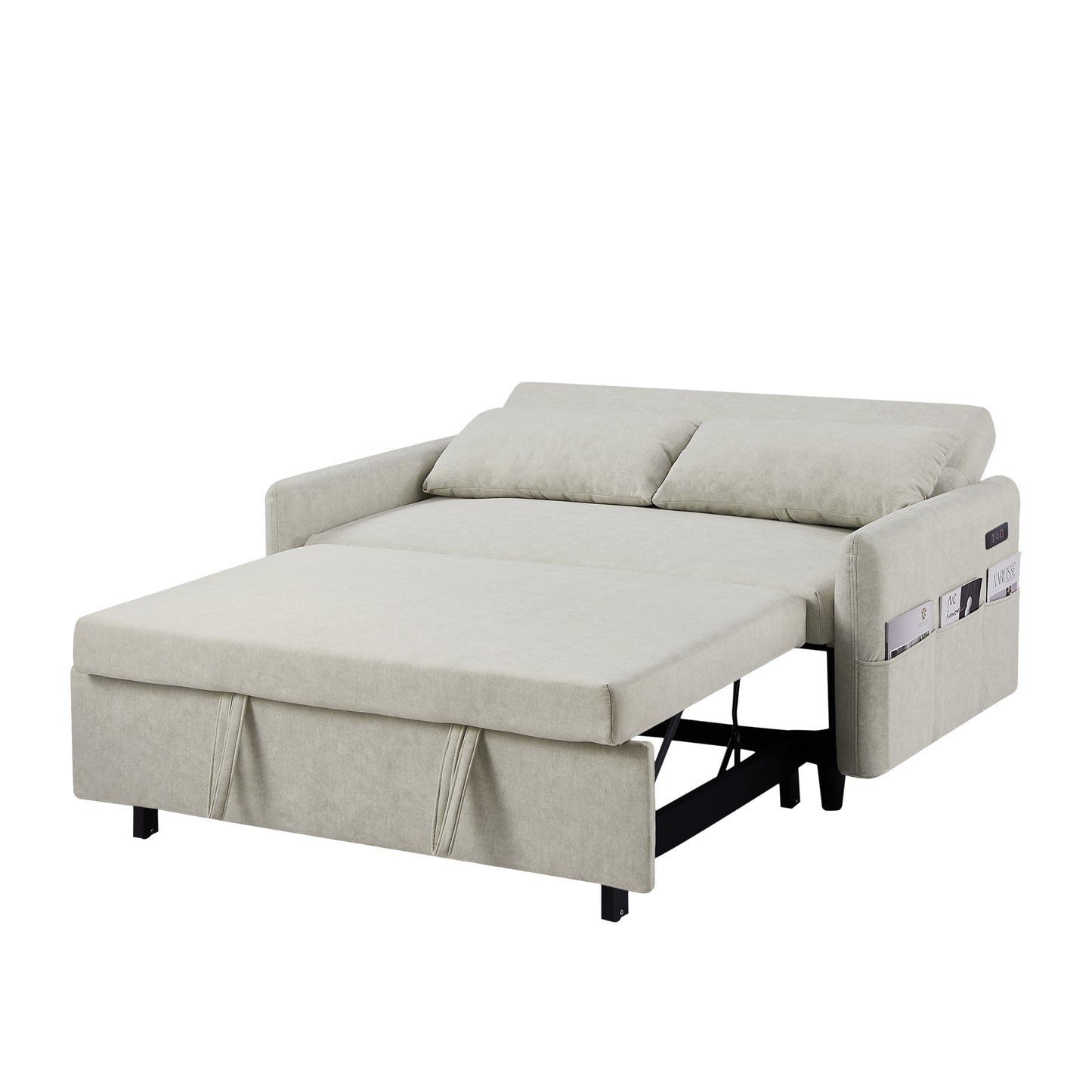 Adjustable Pull Out Sleep Sofa Bed Loveseat Couch with Storage Pockets, USB Ports, Beige