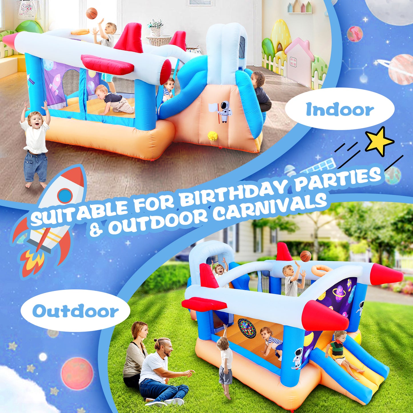 6-in-1 Multicolored Outdoor and Indoor Inflatable Bounce House for Kids with Target Ball, Basketball, and Slide, Including Blower