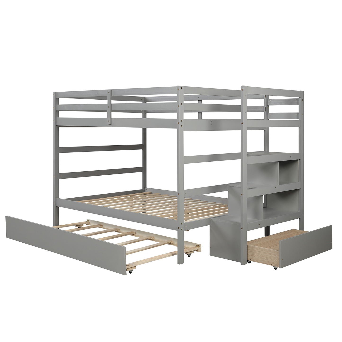 Stairway Full-Over-Full Bunk Bed with Twin Size Trundle and Drawer in Gray