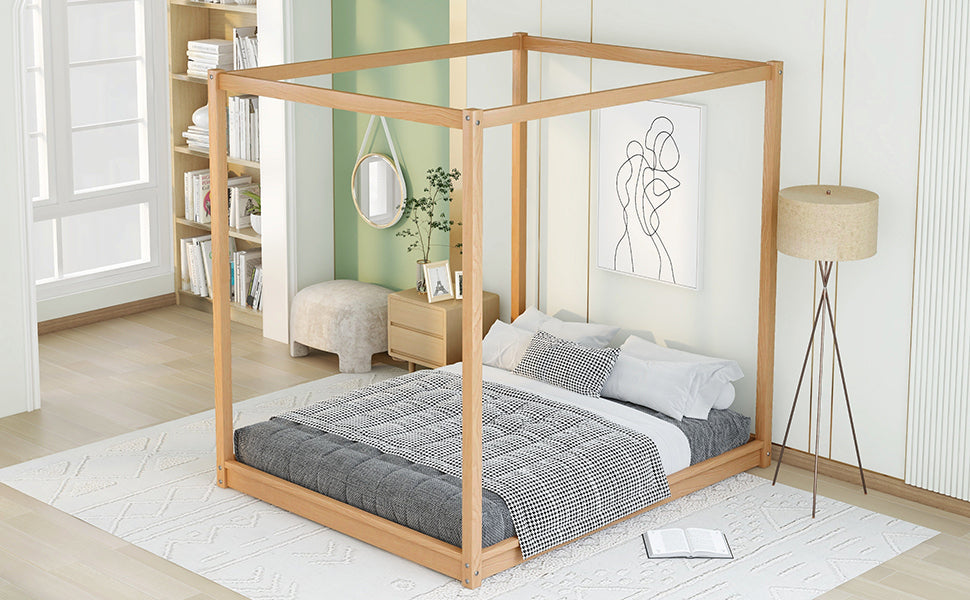 Queen Size Canopy Platform Bed with Support Legs,Natural