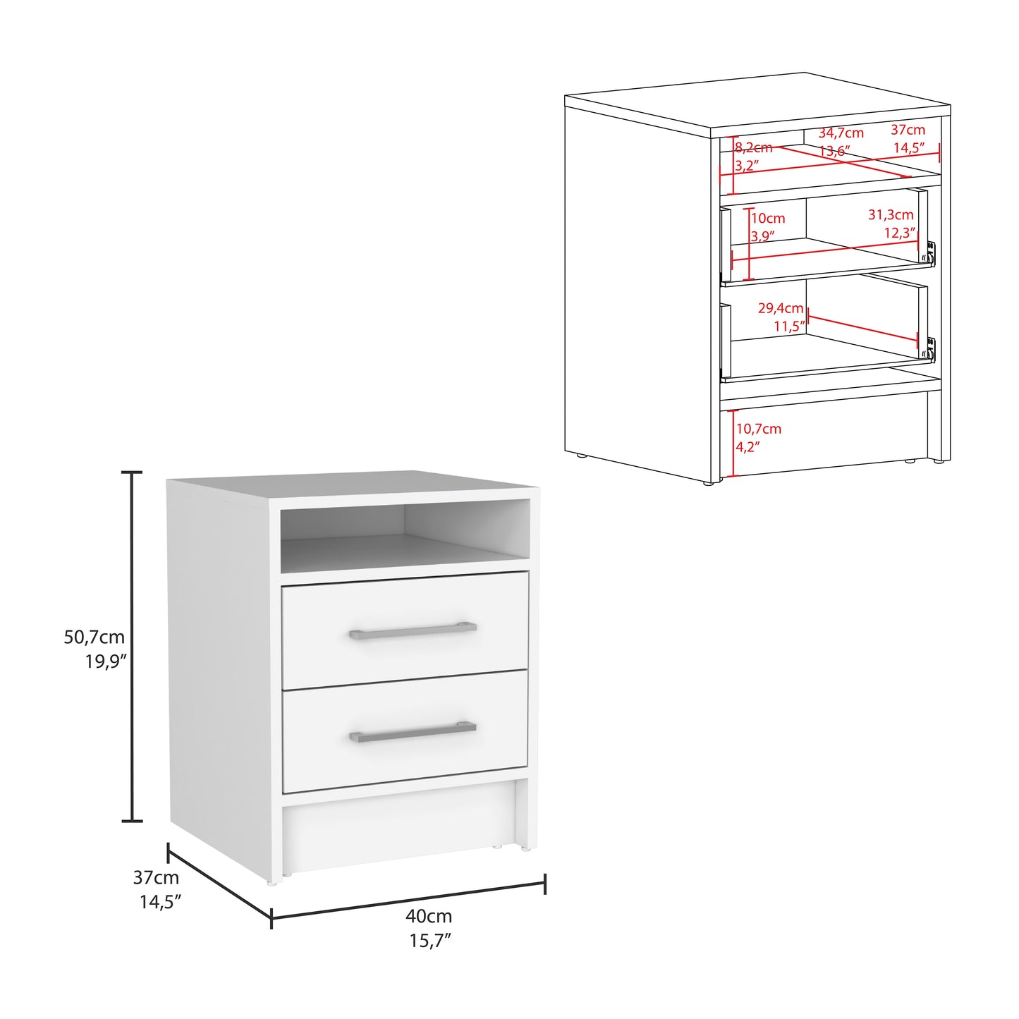 Eter Nightstand, Superior Top, Two Drawers -White