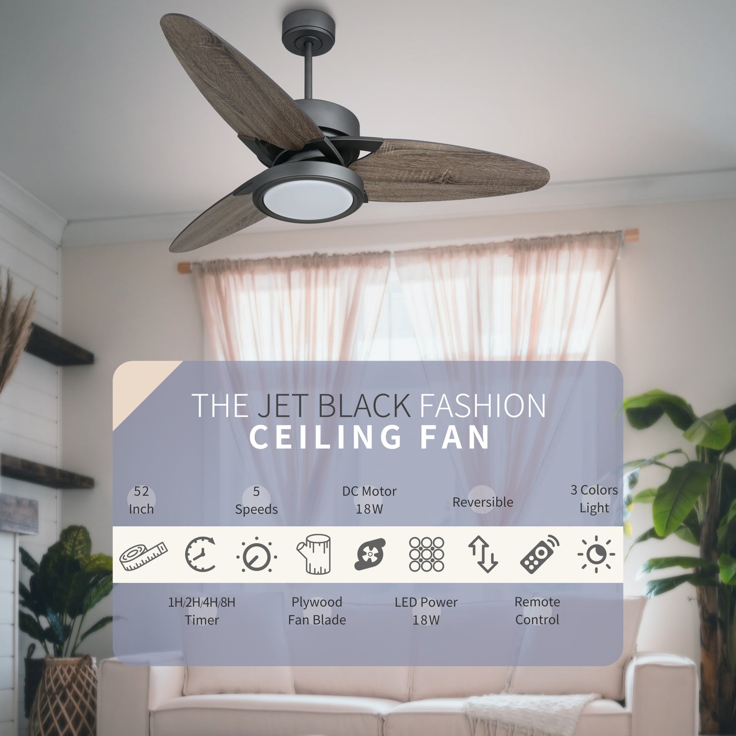 52 Inch Ceiling Fan with Dark Wood Blades and Remote Control