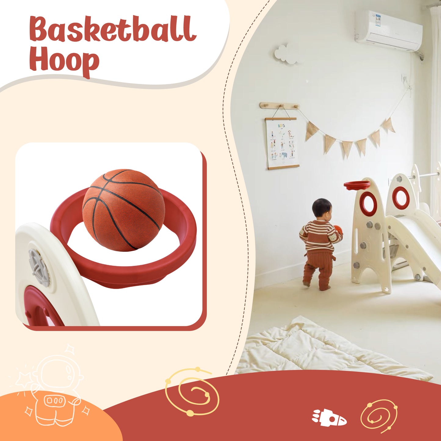 4 in 1 Toddler Slide and Swing Set with Basketball Hoop