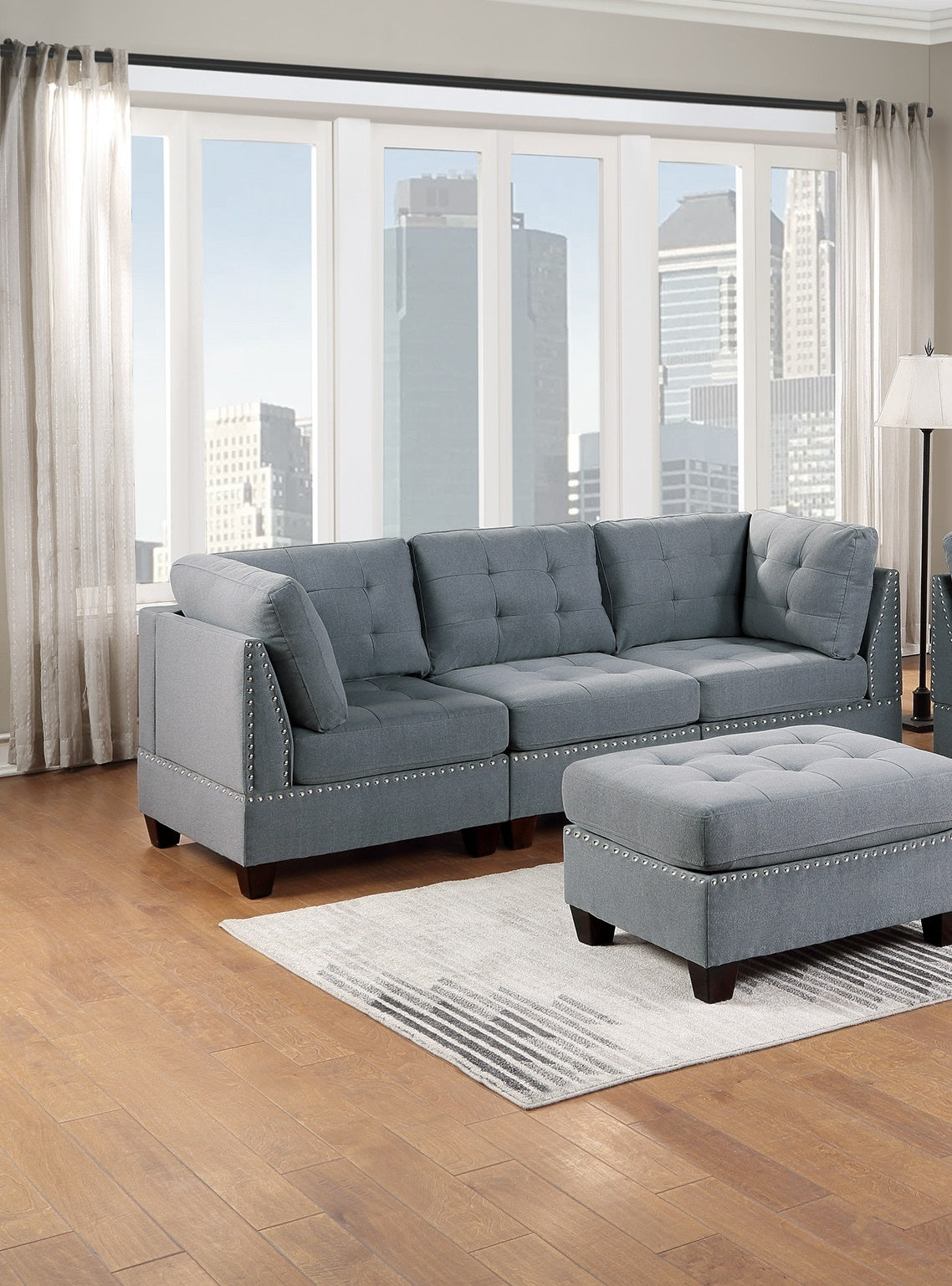 Gray Linen Modular Sofa Set with Tufted Couch and Nailhead Accents