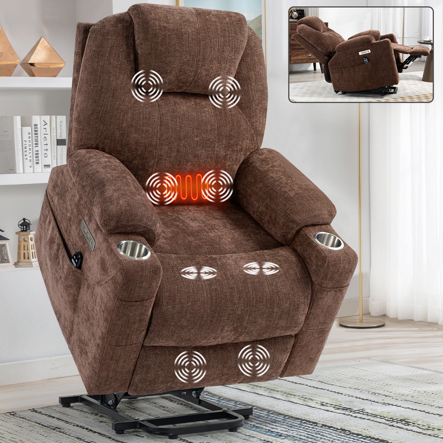 Okin Motor Chenille Power Lift Recliner Chair with Massage, Heating, USB Ports, and Cup Holders - Brown