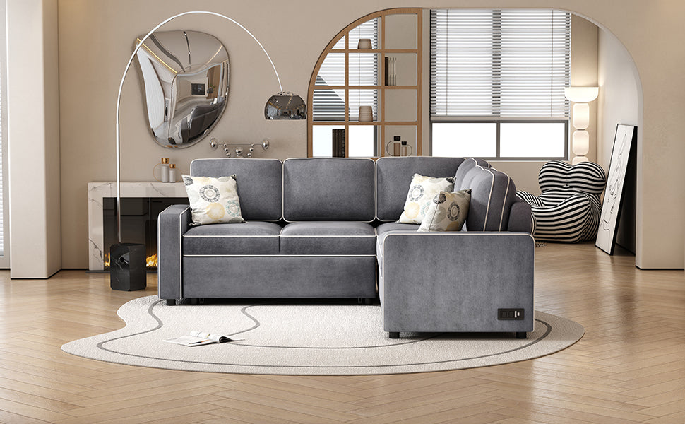 83 L-Shaped Convertible Sleeper Sofa with USB ports, Power Sockets, and Pillows, Gray