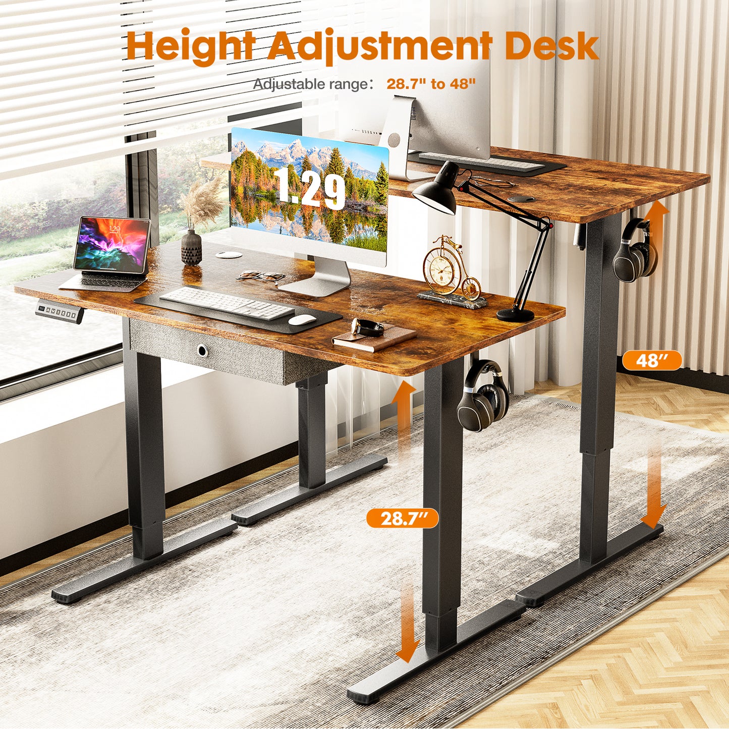 Adjustable Electric Standing Desk with Drawer and Memory Presets in Rustic Brown, 55 x 24 Inches