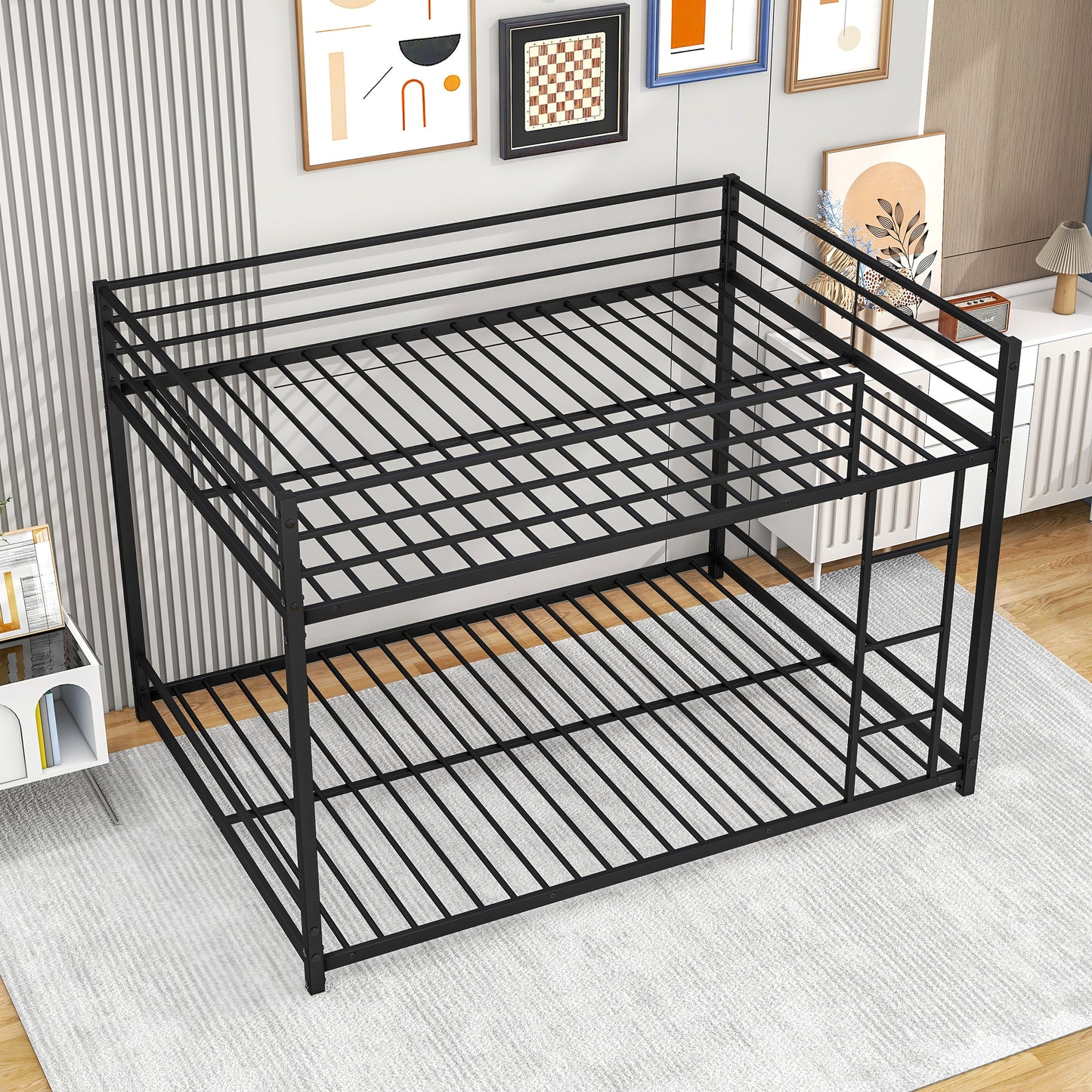 Black Metal Bunk Bed with Double Full Size and Safety Guard Rails