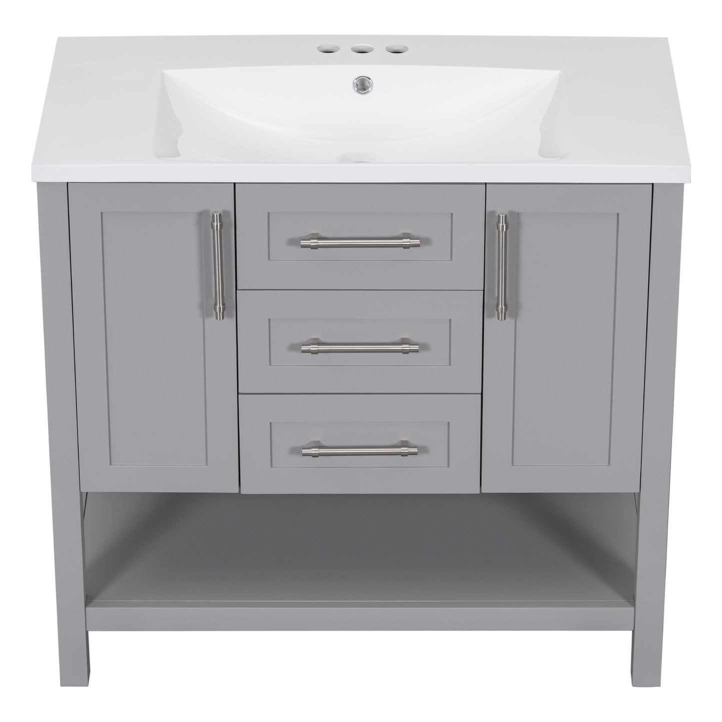 36-Inch Grey Bathroom Vanity with Solid Wood Frame and MDF, Resin Basin, 2 Drawers, 2 Cabinet Doors, 2 Adjustable Shelvesdoor,Single Resin Sink,Small Bathroom Organization Cabinet