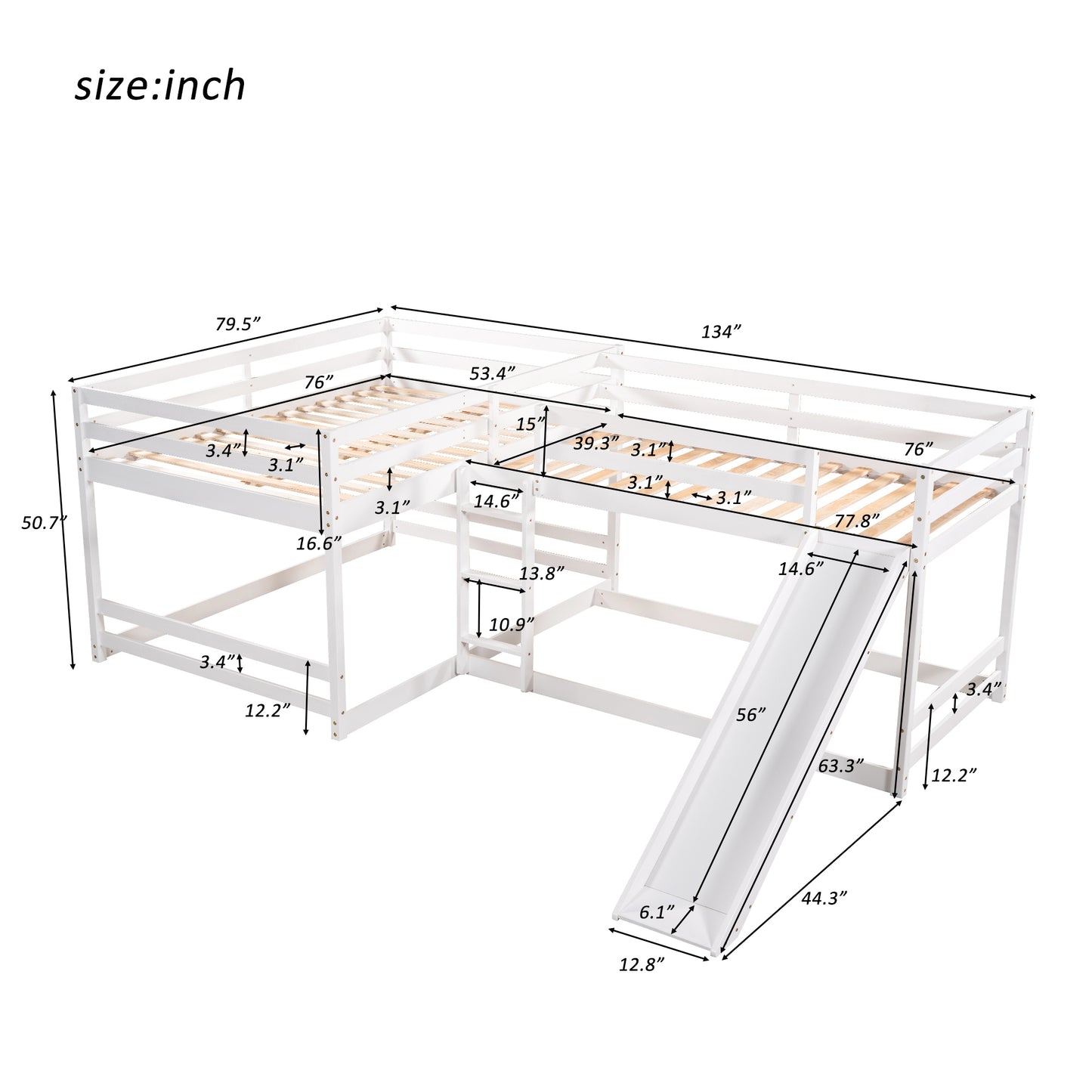 Elegant White L-Shaped Bunk Bed with Slide and Twin/Twin Configuration