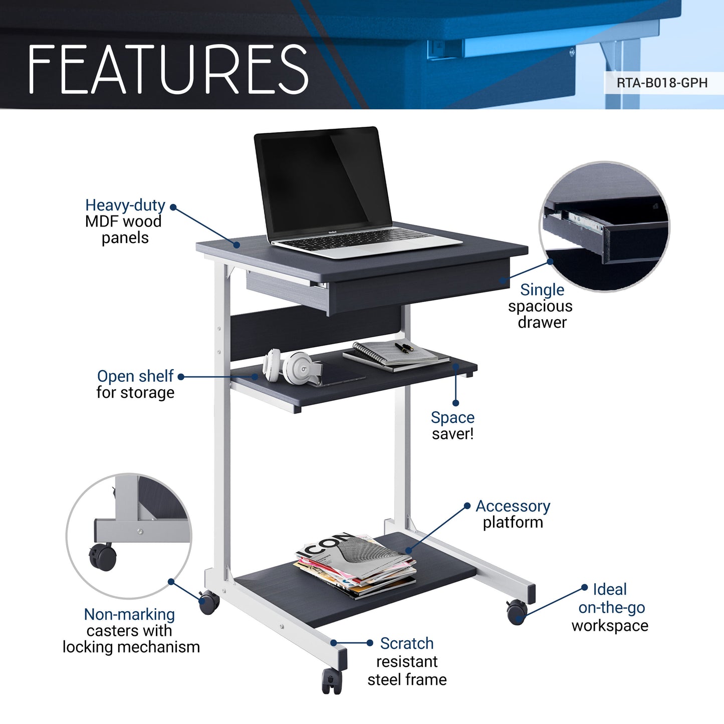 Rolling Laptop Cart with Storage in Graphite