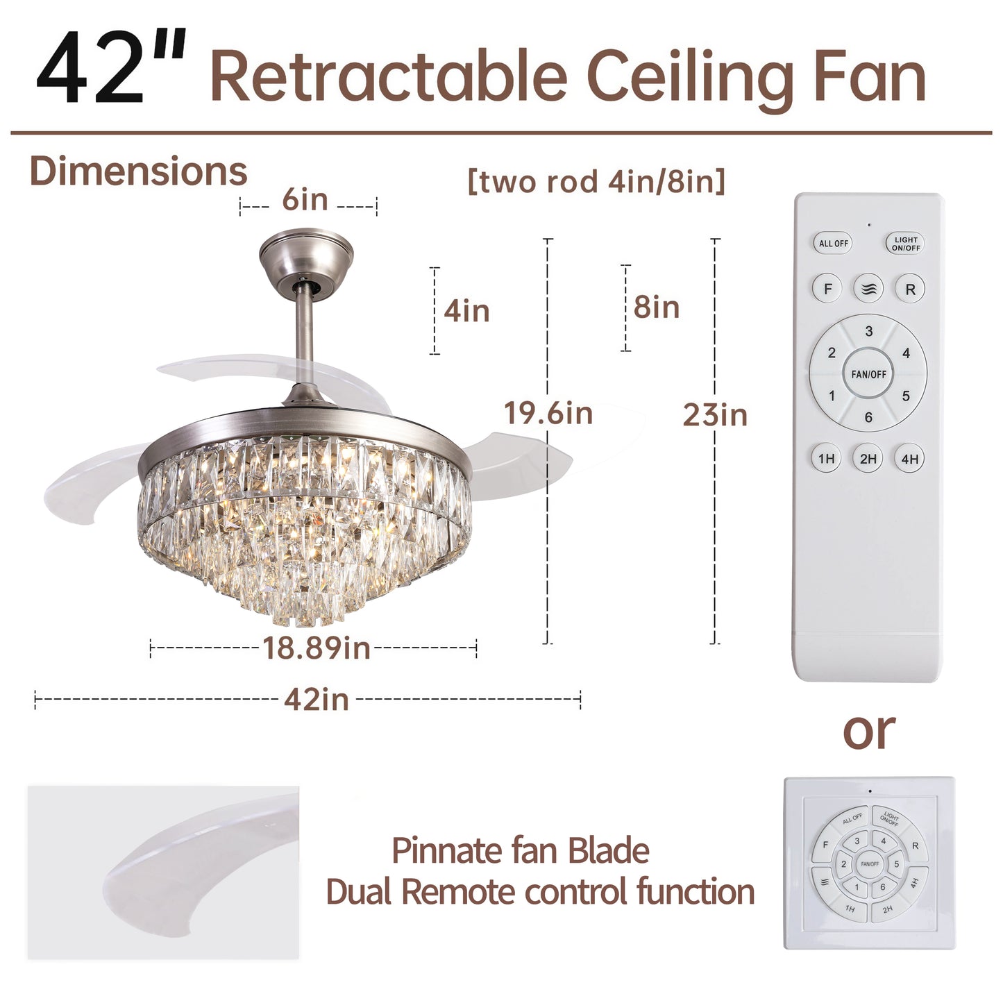 42 Vintage Silver Crystal Ceiling Fan Chandelier with Remote Control - Luxury Lighting Fixture